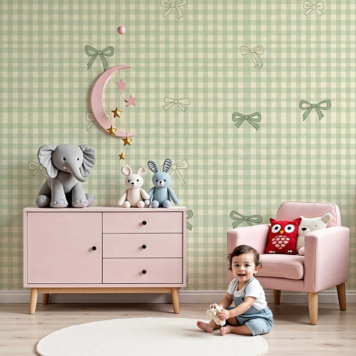 Papel de parede para quarto de bebé | Motivos xadrez vichy e laços delicados em verde e bege