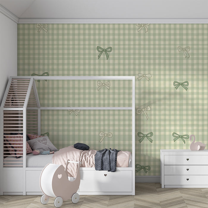 Papel de parede para quarto de bebé | Motivos xadrez vichy e laços delicados em verde e bege