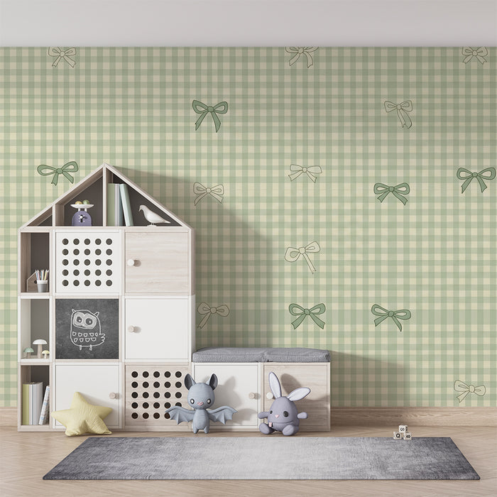Papel de parede para quarto de bebé | Motivos xadrez vichy e laços delicados em verde e bege