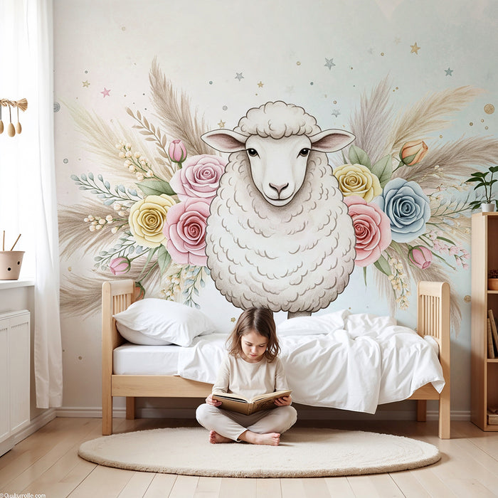 Papier de parede za bebe | Ljupki janje okruženo pastelnim cvjetovima i sjajnim zvijezdama