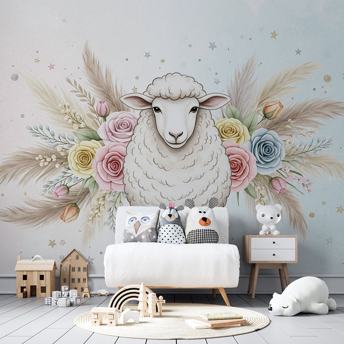 Papier de parede za bebe | Ljupki janje okruženo pastelnim cvjetovima i sjajnim zvijezdama