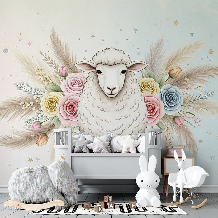 Papier de parede za bebe | Ljupki janje okruženo pastelnim cvjetovima i sjajnim zvijezdama