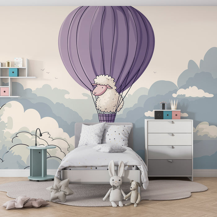 Babykamer behang | Schaap in een luchtballon tussen de wolken
