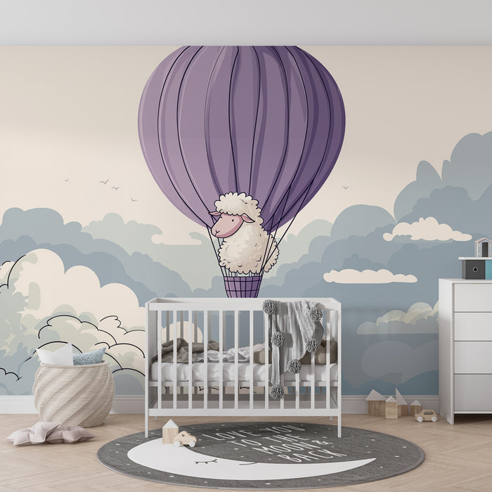 Babykamer behang | Schaap in een luchtballon tussen de wolken