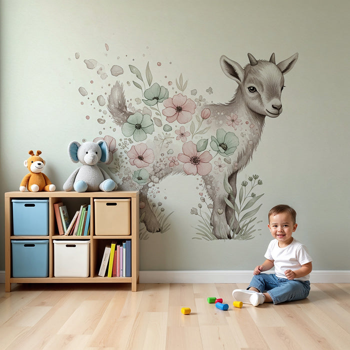 Papier peint chambre bébé | Mouton délicat entouré de fleurs pastel