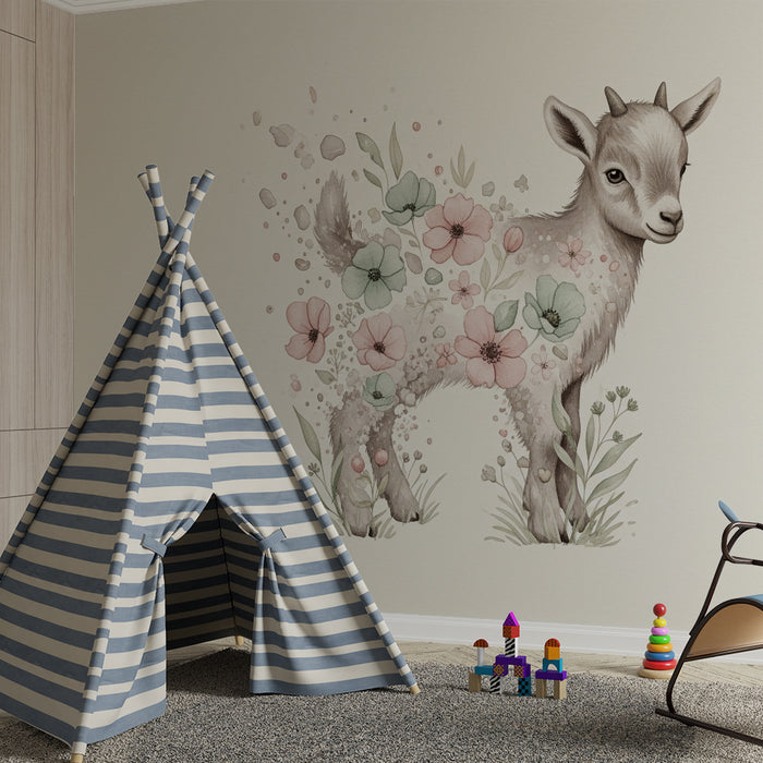 Papier peint chambre bébé | Mouton délicat entouré de fleurs pastel