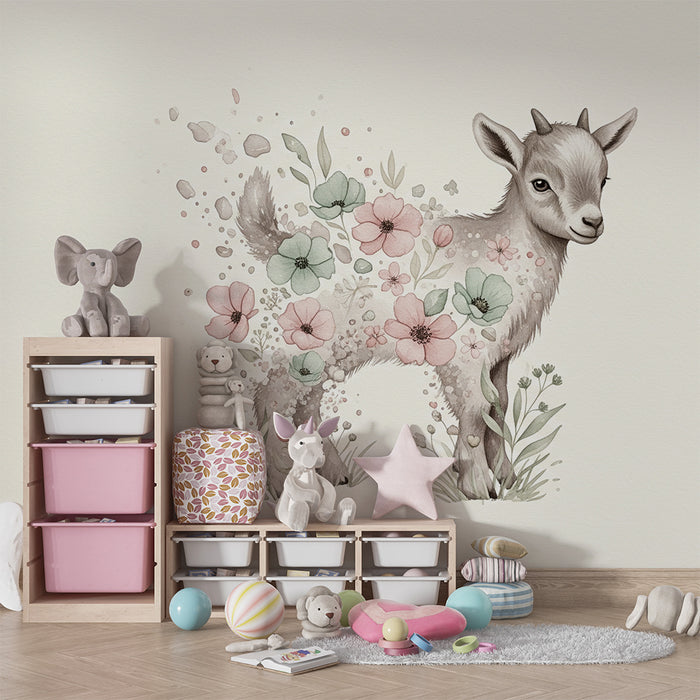 Papier peint chambre bébé | Mouton délicat entouré de fleurs pastel