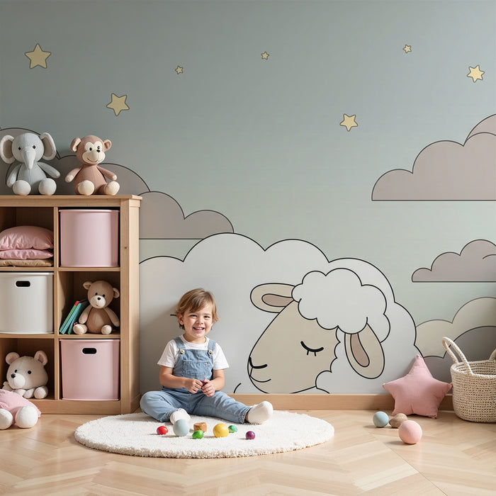 Babykamer behang | Slapend schaap tussen de wolken en sterren