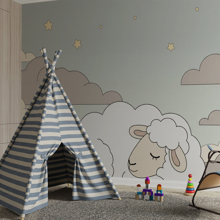 Babykamer behang | Slapend schaap tussen de wolken en sterren