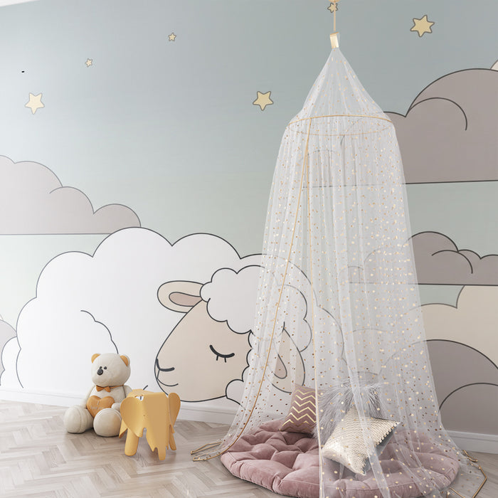 Babykamer behang | Slapend schaap tussen de wolken en sterren