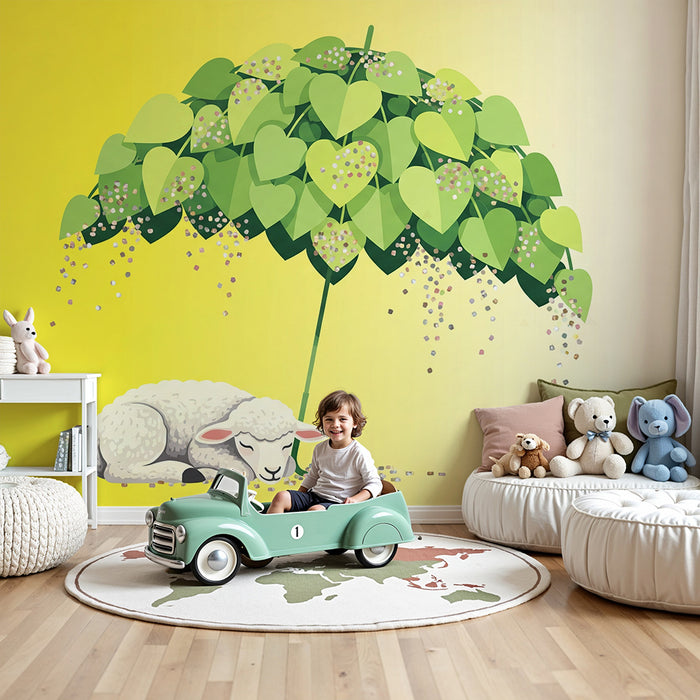 Papier peint chambre bébé | Mouton endormi sous un feuillage apaisant