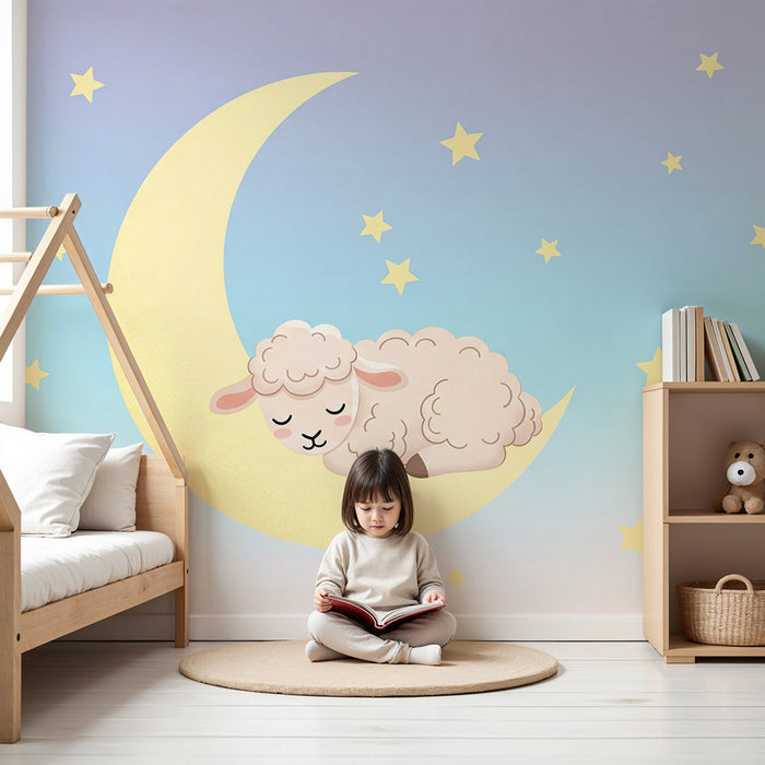 Børneværelse tapet | Sovende får på månen med skinnende stjerner