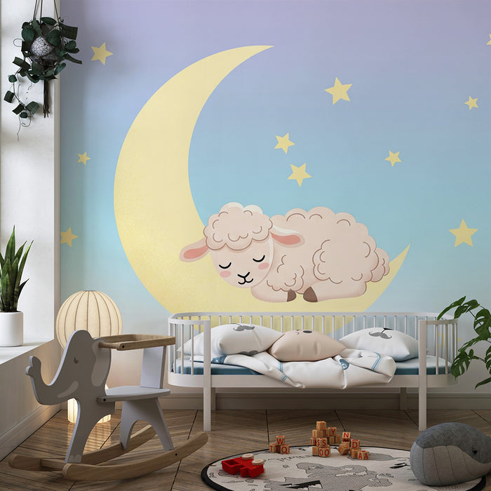 Børneværelse tapet | Sovende får på månen med skinnende stjerner