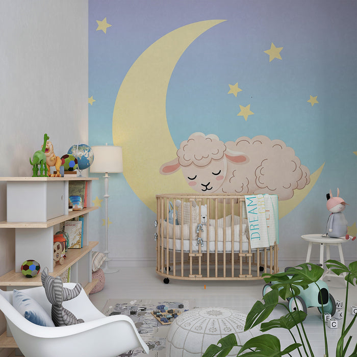 Børneværelse tapet | Sovende får på månen med skinnende stjerner