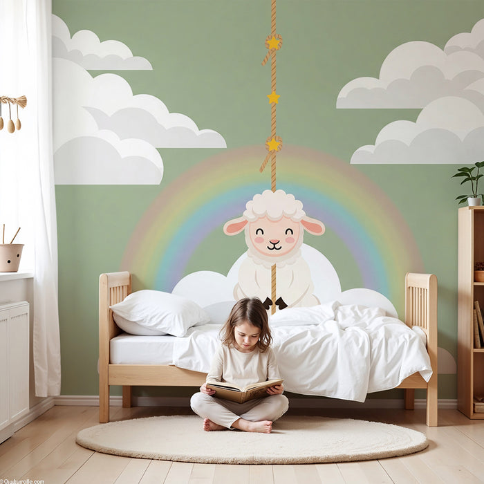 Babyzimmer-Tapete | Lustiges Schaf schwebt unter einem Regenbogen