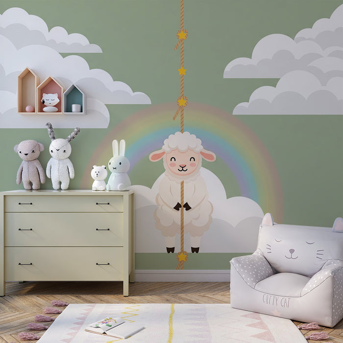 Babyzimmer-Tapete | Lustiges Schaf schwebt unter einem Regenbogen