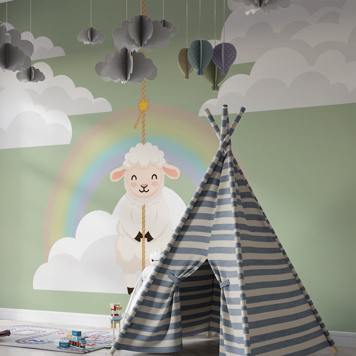 Babyzimmer-Tapete | Lustiges Schaf schwebt unter einem Regenbogen