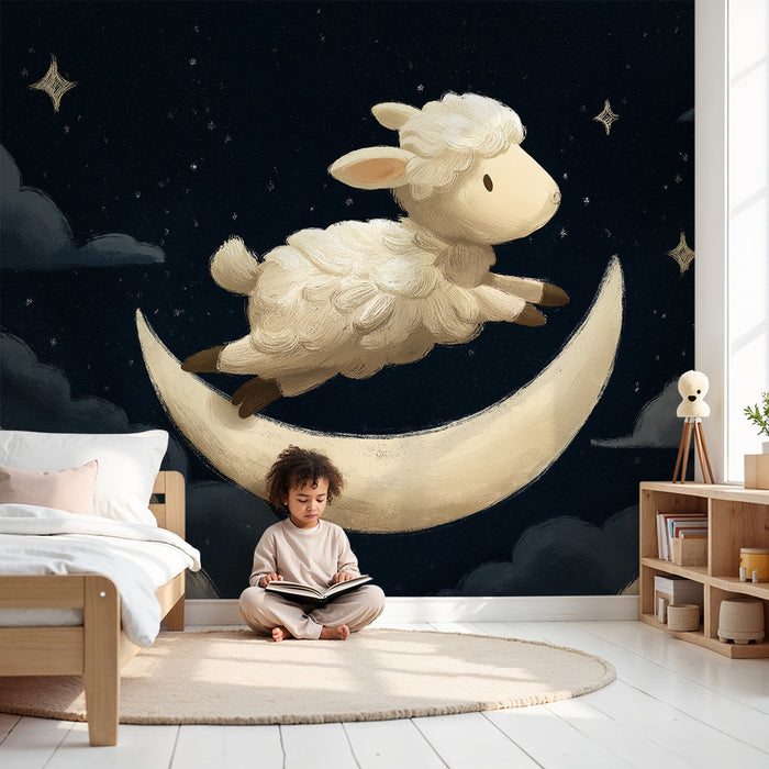 Papel de parede quarto bebê | Dreamy sheep on a crescent moon in a starry sky