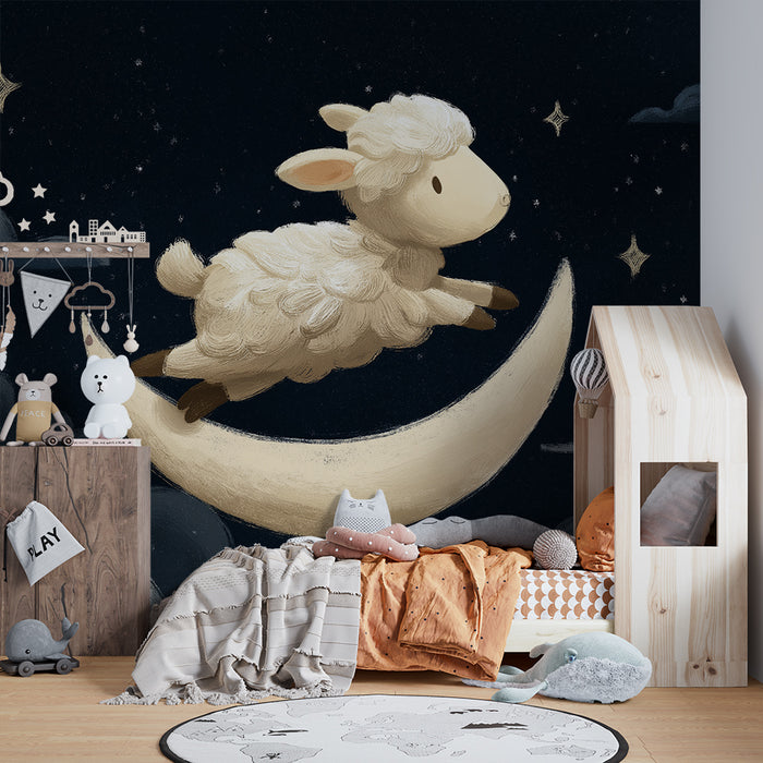 Papel de parede quarto bebê | Dreamy sheep on a crescent moon in a starry sky