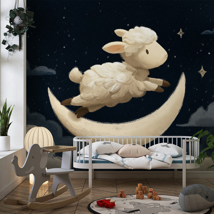 Papel de parede quarto bebê | Dreamy sheep on a crescent moon in a starry sky