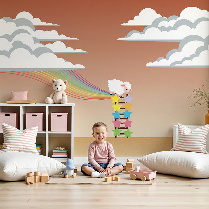 Papel de parede para quarto de bebé | Ovelha sonhadora numa escada colorida com arco-íris