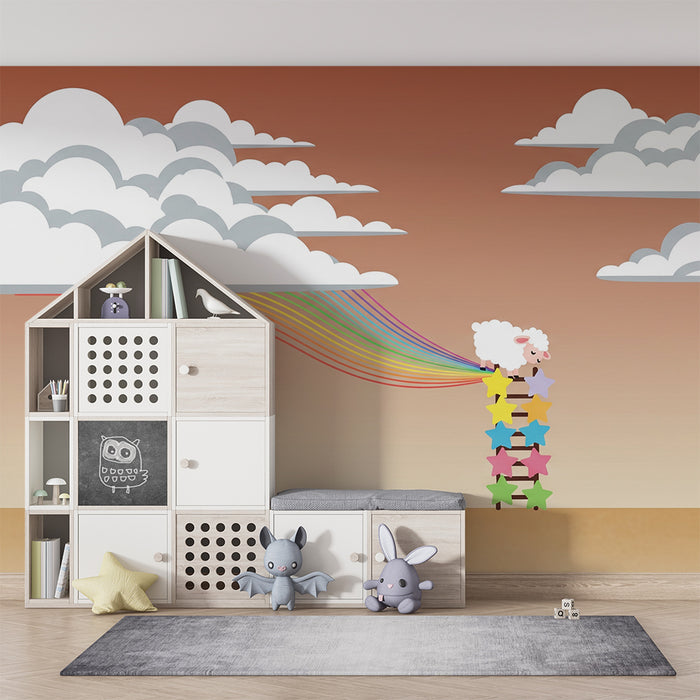 Papel de parede para quarto de bebé | Ovelha sonhadora numa escada colorida com arco-íris