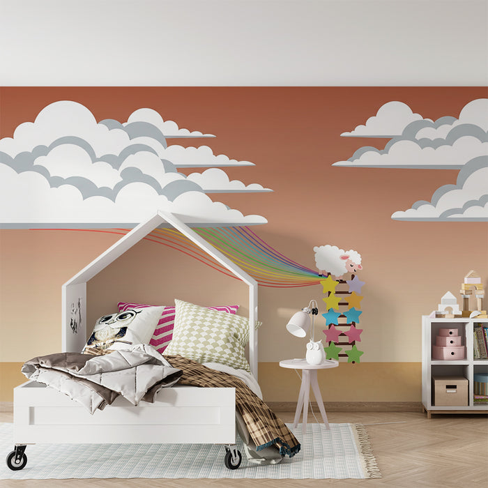 Papel de parede para quarto de bebé | Ovelha sonhadora numa escada colorida com arco-íris