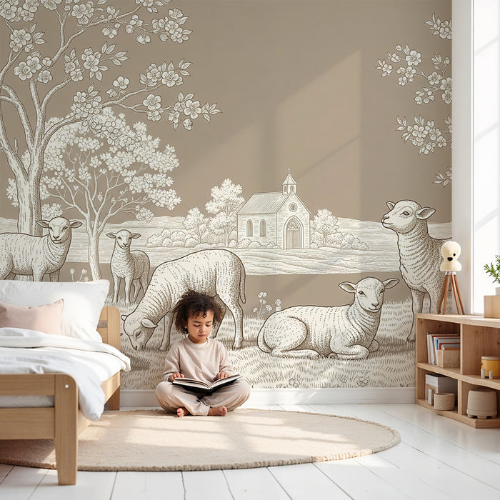 Tapete fürs Babyzimmer | Schafe in einer Toile-de-Jouy-Landschaft