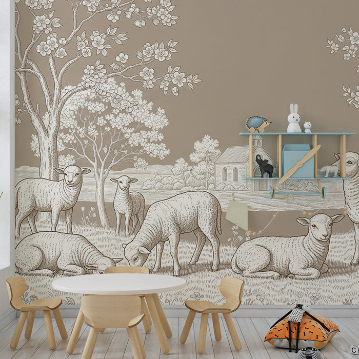 Tapete fürs Babyzimmer | Schafe in einer Toile-de-Jouy-Landschaft