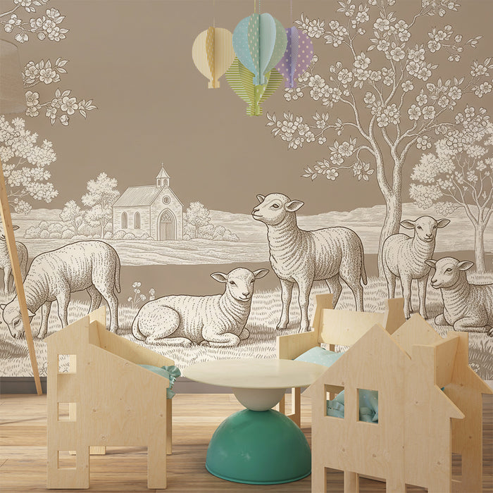 Tapete fürs Babyzimmer | Schafe in einer Toile-de-Jouy-Landschaft