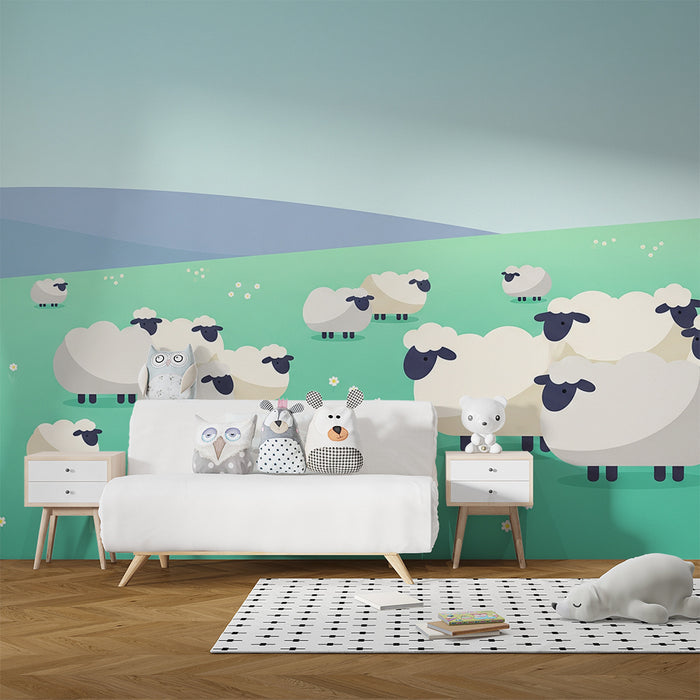 Børneværelse tapet | Søde får i en blomstrende mark