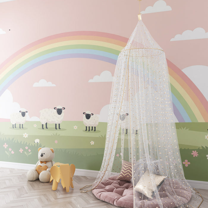 Barntapet | Söta får under en pastellregnbåge