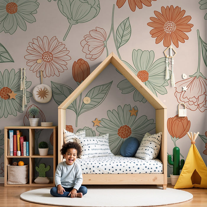 Papel de parede quarto bebê | Múltiplas flores verde e terracota