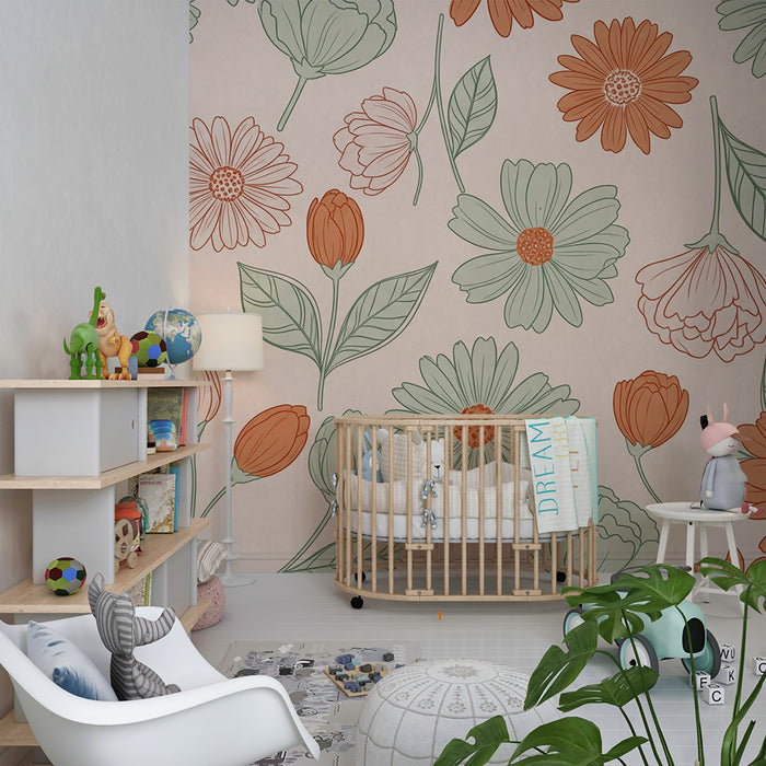 Papel de parede quarto bebê | Múltiplas flores verde e terracota