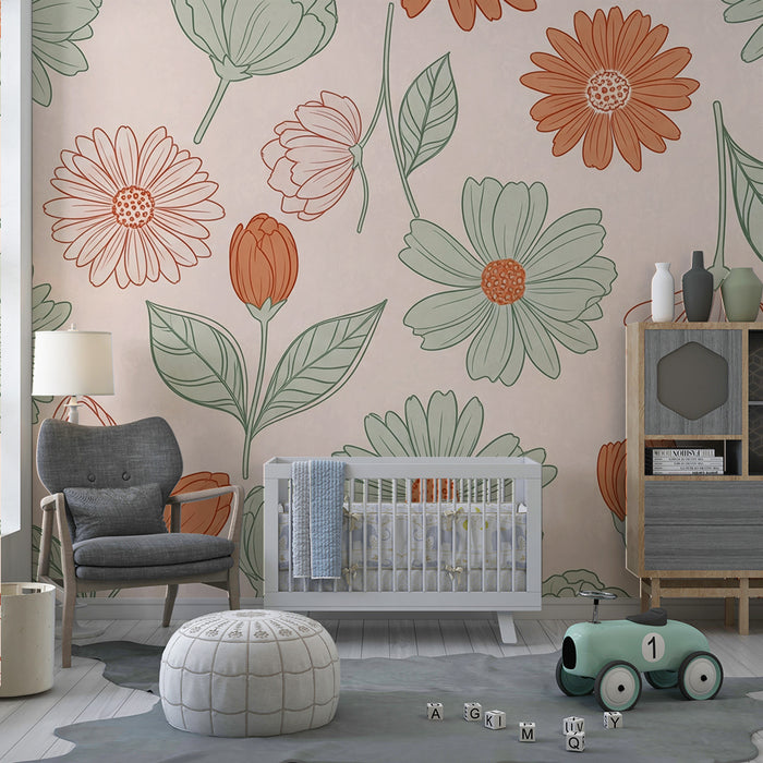 Papel de parede quarto bebê | Múltiplas flores verde e terracota