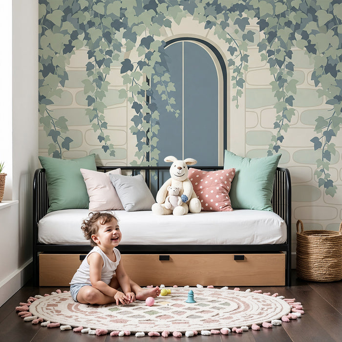 Papier peint chambre bébé | Mur de pierre avec lierre et fenêtre apaisante