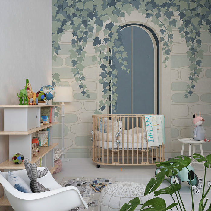 Papier peint chambre bébé | Mur de pierre avec lierre et fenêtre apaisante