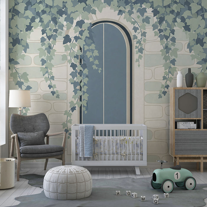 Papier peint chambre bébé | Mur de pierre avec lierre et fenêtre apaisante