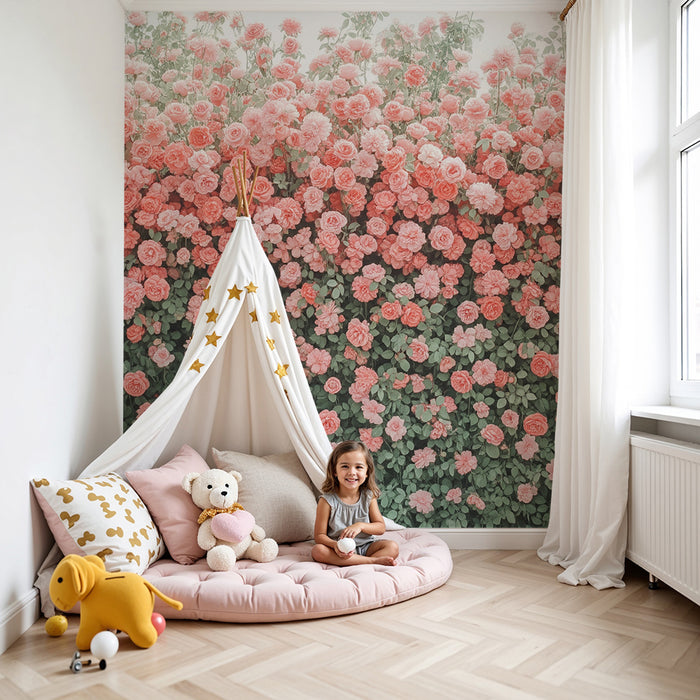 Babykamer behang | Muur van delicate rozen in roze tinten