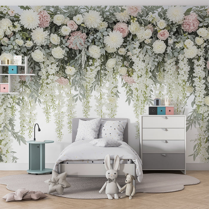 Tapet barnerom | Delikat blomstermønstret vegg med roser og hvite blomster