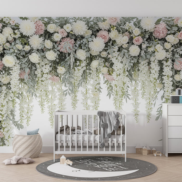 Tapet barnerom | Delikat blomstermønstret vegg med roser og hvite blomster