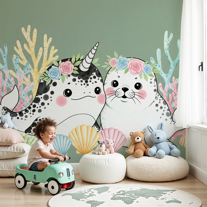 Barntapet | Söt narval och säl under vatten