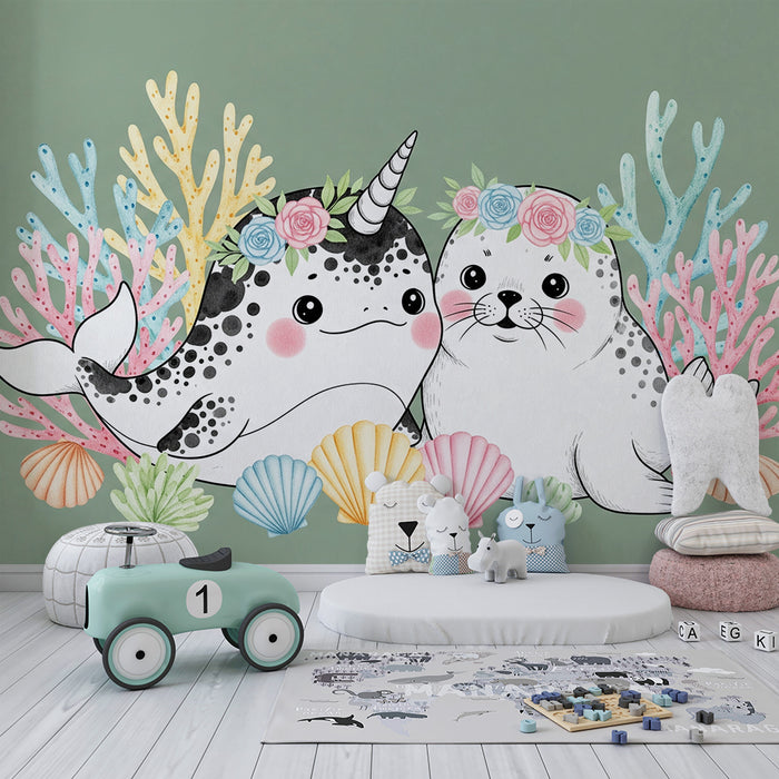 Barntapet | Söt narval och säl under vatten