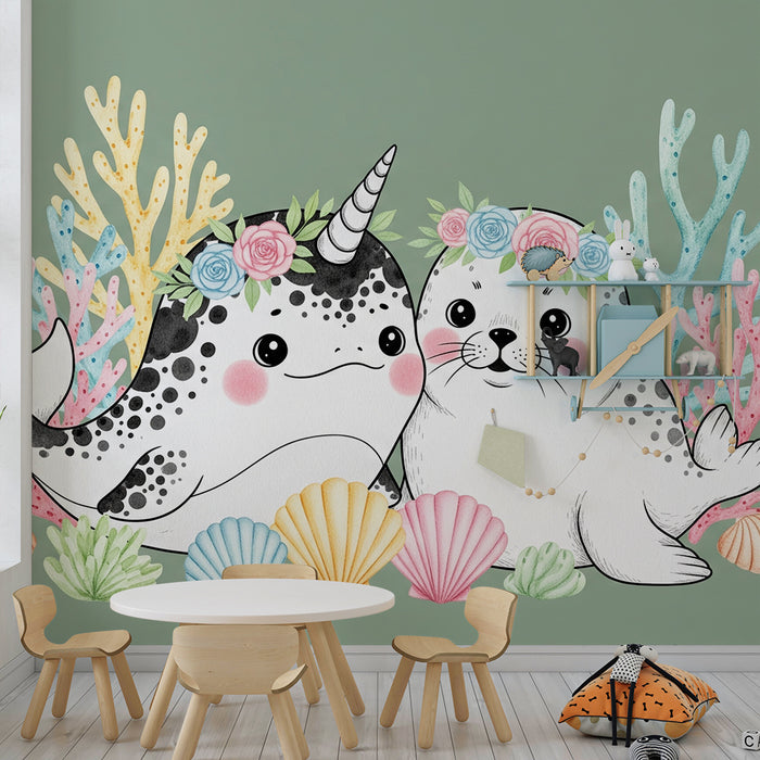 Barntapet | Söt narval och säl under vatten