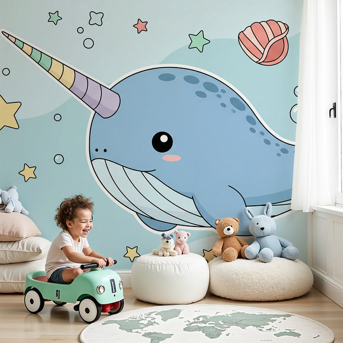 Lastenhuoneen tapetti | Söpö narval ja värikäs meriteemainen sisustus