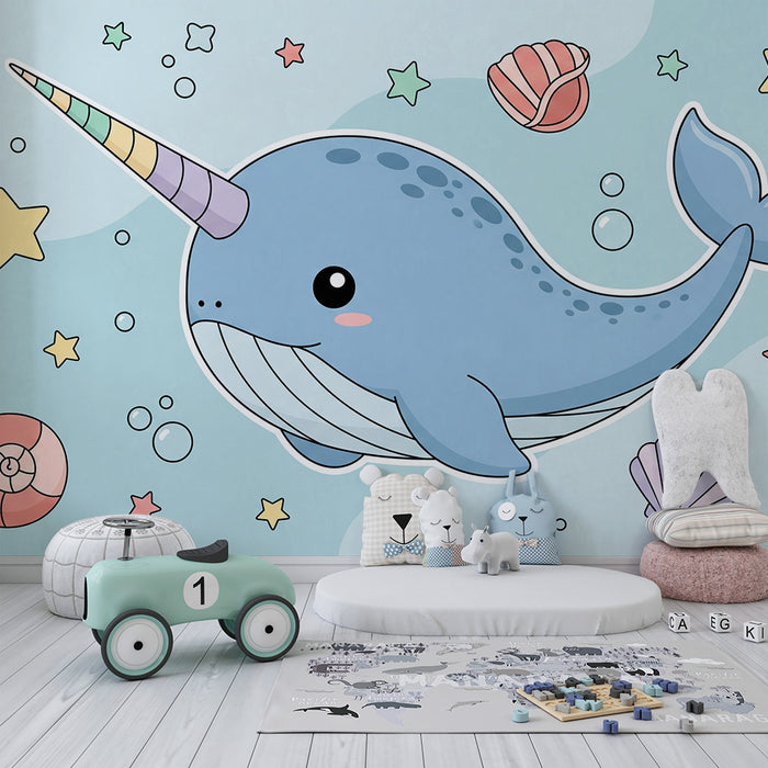 Lastenhuoneen tapetti | Söpö narval ja värikäs meriteemainen sisustus