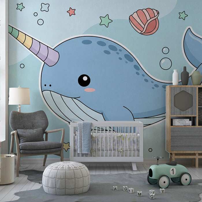 Lastenhuoneen tapetti | Söpö narval ja värikäs meriteemainen sisustus