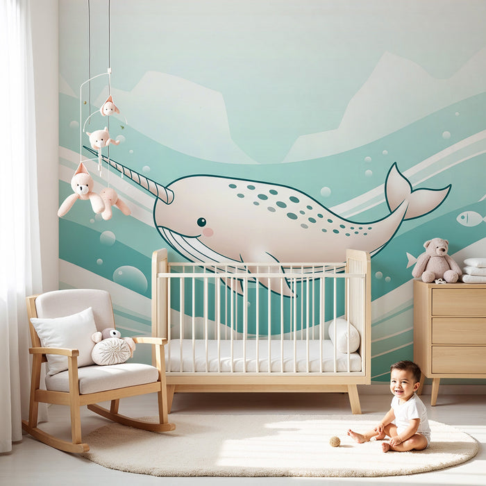 Papel pintado habitación bebé | Narval lindo nadando en olas turquesa