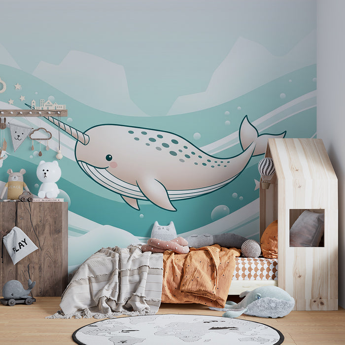 Papel pintado habitación bebé | Narval lindo nadando en olas turquesa