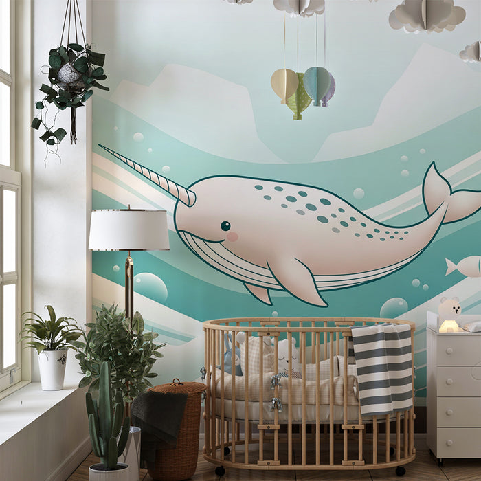 Papel pintado habitación bebé | Narval lindo nadando en olas turquesa